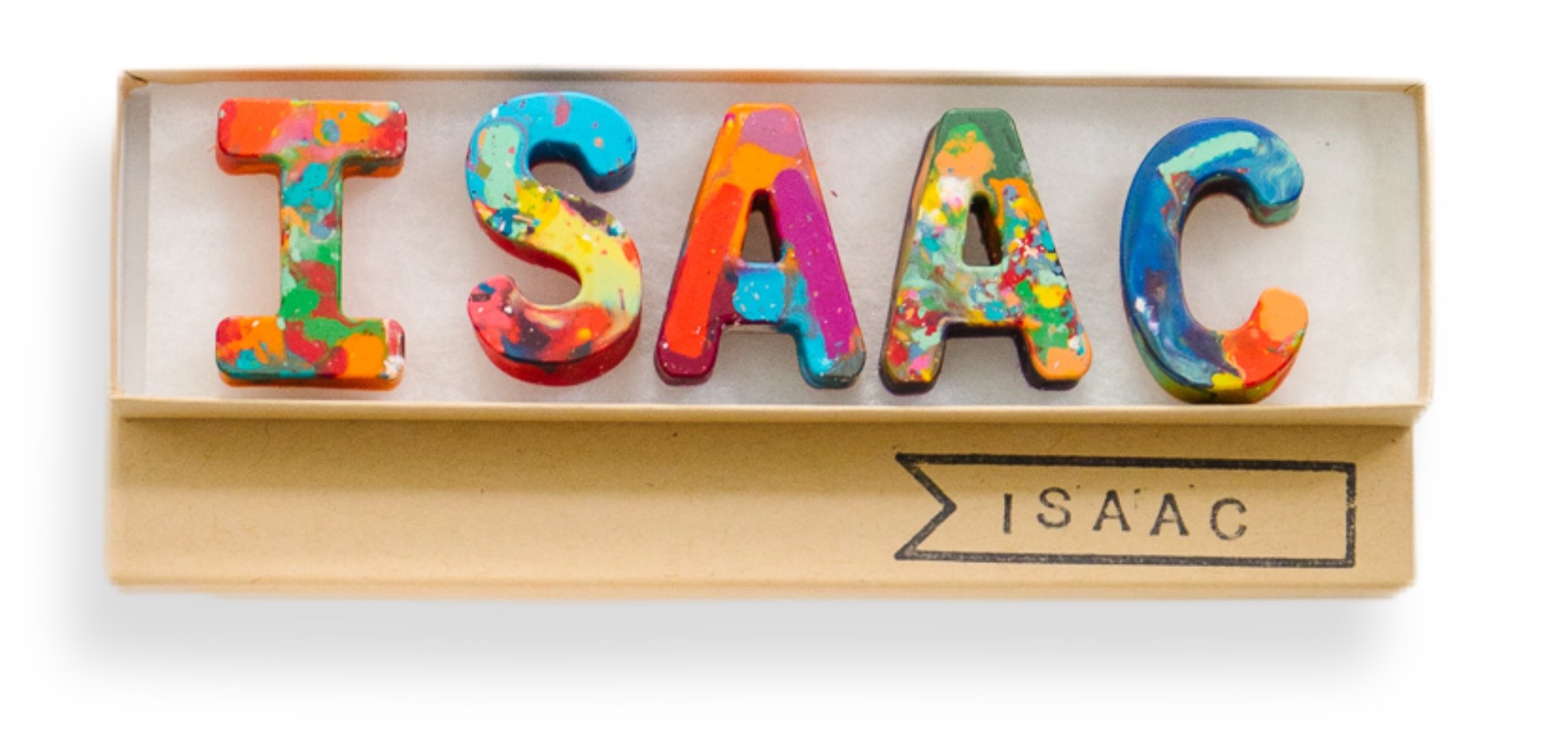 Isaac name crayon set in a kraft gift box with the name hand-stamped on the side